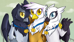 Size: 1280x731 | Tagged: safe, artist:spiritcookie, gilda, giselle, irma, natalya, griffon, equestria games (episode), g4, background griffon, equestria games, female, gold medal, griffon team, trio, vancouver 2010, vanhoover 2010, winter olympic games