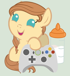 Size: 400x437 | Tagged: safe, artist:avisola, oc, oc only, oc:cream heart, earth pony, pony, g4, bottle, controller, cute, earth pony oc, female, filly cream heart, foal, mare, solo, vector, xbox 360, younger, younger cream heart