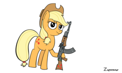 Size: 1296x776 | Tagged: safe, artist:zaponator, applejack, g4, ak-47, female, gun, rifle, simple background, solo, weapon