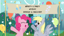 Size: 1024x576 | Tagged: safe, artist:oobrushstrokeoo, derpy hooves, pinkie pie, pegasus, pony, g4, balloon, bubble, female, mare, party