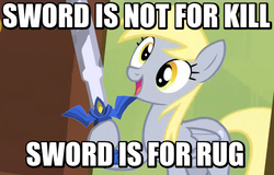 Size: 560x359 | Tagged: safe, derpy hooves, pegasus, pony, g4, conan the barbarian, female, image macro, jontron, mare, master sword, meme, solo, sword, the legend of zelda