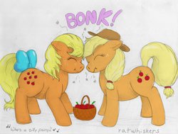 Size: 1280x969 | Tagged: safe, artist:ratwhiskers, applejack, applejack (g1), pony, g1, g4, 30 minute art challenge, bonk, generational ponidox, scrunchy face, silly, silly pony, who's a silly pony