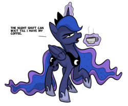 Size: 1280x1060 | Tagged: safe, artist:secoh2000, artist:venezolanbrony, princess luna, alicorn, pony, g4, coffee, drink, female, frown, grumpy, jewelry, looking at you, magic, mare, raised hoof, regalia, simple background, solo, telekinesis, tired, transparent background
