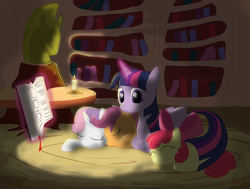 Size: 1200x907 | Tagged: safe, artist:eriada, apple bloom, scootaloo, sweetie belle, twilight sparkle, alicorn, pony, g4, book, cutie mark crusaders, female, magic, mare, sleeping, twilight sparkle (alicorn)