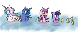 Size: 1200x500 | Tagged: safe, artist:xilenobody143, princess cadance, princess celestia, princess luna, twilight sparkle, alicorn, duck, pony, g4, alicorn tetrarchy, aliduck, baby duck syndrome, cute, duckling, female, floppy ears, looking back, mare, missing accessory, pegaduck, simple background, sisters-in-law, smiling, spread wings, swandance, swanlestia, swanlight sparkle, swanluna, swimming, transparent background, twilight sparkle (alicorn), wide eyes