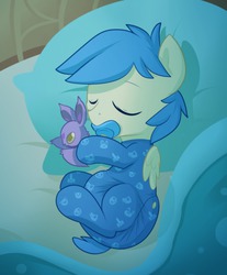 Size: 1280x1549 | Tagged: safe, artist:cuddlehooves, oc, oc only, oc:cobalt arrow, eevee, pony, alternate color palette, baby, baby pony, butt flap, crossover, cute, diaper, foal, footed sleeper, pacifier, pokémon, poofy diaper, solo, weapons-grade cute