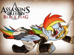 Size: 1784x1313 | Tagged: safe, artist:chrisblazedemon, rainbow dash, g4, assassin's creed, assassin's creed iv black flag, clothes, crossover, female, mouth hold, pirate dash, saber, solo, sword, weapon