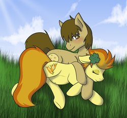 Size: 1080x1000 | Tagged: safe, artist:jumblescarf, spitfire, oc, oc:chocolate chips, earth pony, pony, g4, belly button, blushing, canon x oc, clover, cuddling, cute, eyes closed, female, firechips, floppy ears, four leaf clover, freckles, hug, love, male, mare, on side, pregnant, shipping, smiling, snuggling, stallion, straight, wingless