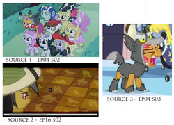 Size: 1024x739 | Tagged: safe, edit, edited screencap, screencap, alula, apple bloom, babs seed, daring do, dinky hooves, noi, pipsqueak, piña colada, pluto, scootaloo, sweetie belle, earth pony, pegasus, pony, unicorn, g4, luna eclipsed, one bad apple, read it and weep, animal costume, big babs wolf, clothes, colt, costume, letterboxing, male, nightmare night, princess noi, text, vampire costume, wolf costume