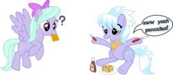 Size: 6851x3000 | Tagged: safe, artist:umbravivens, cloudchaser, flitter, pegasus, pony, g4, absurd resolution, bow, breakfast, butter, butter knife, duo, duo female, female, floating, food, fork, handkerchief, maple syrup, mare, mouth hold, nom, pancakes, plate, question mark, simple background, sitting, smiling, speech bubble, transparent background, vector, waffle