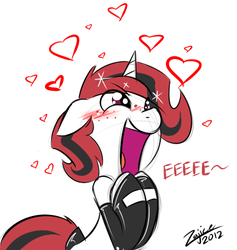 Size: 426x449 | Tagged: safe, artist:zajice, oc, oc only, oc:lilith, pony, succubus, unicorn, blushing, clothes, cute, eeee, female, floppy ears, happy, heart, leggings, mare, ocbetes, open mouth, screaming, simple background, smiling, socks, solo, sparkles, stockings, tail wrap, white background