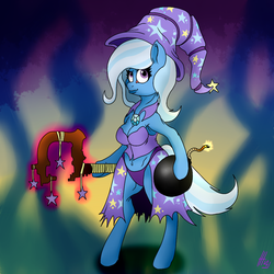 Size: 1000x1000 | Tagged: safe, artist:baronbulge, trixie, anthro, g4, belly button, bomb, female, solo, staff