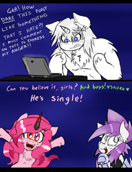 Size: 920x1200 | Tagged: safe, artist:ichibangravity, king sombra, pinkie pie, oc, ask king sombra pie, g4, chest fluff, computer, ear fluff, laptop computer, makel blanco, possessed, rae mix, unshorn fetlocks