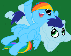 Size: 800x637 | Tagged: safe, artist:kucolkucolika, rainbow dash, soarin', pegasus, pony, g4, female, grass, hair over one eye, lying, male, mare, on back, pointing, pony pillow, prone, ship:soarindash, shipping, stallion, straight