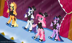 Size: 1000x596 | Tagged: safe, artist:ciscoql, applejack, pinkie pie, rarity, twilight sparkle, alicorn, pony, g4, pinkie pride, bipedal, clothes, female, grin, hat, looking at you, make a wish, mare, perspective, scene interpretation, smiling, top hat, twilight sparkle (alicorn)