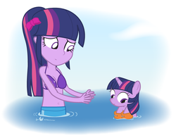 Size: 900x705 | Tagged: safe, artist:dm29, twilight sparkle, human, unicorn, equestria girls, g4, alternate hairstyle, belly button, bikini, cleavage, clothes, cute, duo, female, filly, filly twilight sparkle, human ponidox, julian yeo is trying to murder us, pony pet, ponytail, square crossover, swimming, swimsuit, twiabetes, twily, unicorn twilight, water wings, younger