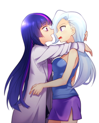 Size: 650x808 | Tagged: safe, artist:re_ghotion, trixie, twilight sparkle, human, g4, clothes, coat, duo, female, hug, humanized, lab coat, lesbian, looking at each other, miniskirt, open mouth, ship:twixie, shipping, skirt