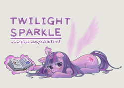 Size: 1403x992 | Tagged: safe, artist:kuang-han, twilight sparkle, g4, artificial wings, augmented, book, female, magic, magic wings, pixiv, solo, wings