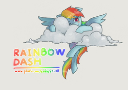Size: 1403x992 | Tagged: safe, artist:kuang-han, rainbow dash, g4, cloud, female, pixiv, solo
