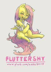 Size: 992x1403 | Tagged: safe, artist:kuang-han, angel bunny, fluttershy, pegasus, pony, g4, eyes closed, female, holding, hug, name, pixiv, sitting, solo