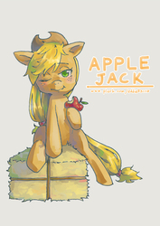 Size: 992x1403 | Tagged: safe, artist:kuang-han, applejack, g4, apple, eating, female, hay bale, one eye closed, pixiv, sitting, solo