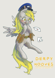 Size: 992x1403 | Tagged: safe, artist:kuang-han, derpy hooves, pegasus, pony, g4, female, mailbag, mailpony, mare, pixiv, solo
