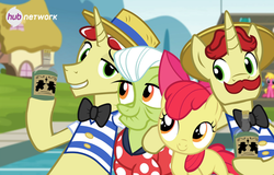 Size: 526x336 | Tagged: safe, screencap, apple bloom, cherry berry, flam, flim, granny smith, earth pony, pony, unicorn, g4, leap of faith, official, female, filly, flim flam brothers, flim flam miracle curative tonic, foal, hub logo, male, mare, stallion, the hub, tonic