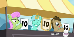 Size: 805x403 | Tagged: safe, screencap, doctor whooves, lyra heartstrings, merry may, time turner, earth pony, pony, unicorn, g4, leap of faith, season 4, amused, eyes closed, female, grin, gritted teeth, hub logo, judging, lyra's score, magic, male, mare, score cards, silly, silly pony, smiling, stallion