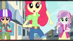 Size: 1024x576 | Tagged: safe, screencap, apple bloom, scootaloo, sweetie belle, equestria girls, g4, music to my ears, my little pony equestria girls: rainbow rocks, clothes, cutie mark crusaders, female, helmet