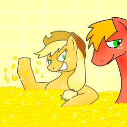 Size: 400x400 | Tagged: safe, artist:kushina13, applejack, big macintosh, earth pony, pony, g4, bits, brother and sister, duo, female, gold, gold coins, male, mare, rich, siblings, smiling, sparkles, stallion