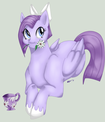 Size: 864x1001 | Tagged: safe, artist:bunnyvirus, oc, oc only, oc:lulu belle, pegasus, pony, bow, flower, solo, teacup