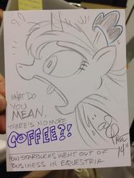Size: 768x1024 | Tagged: safe, artist:andypriceart, princess luna, coffee, female, little tongue, luna loves coffee, monochrome, sketch, solo, starbucks, traditional art