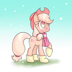 Size: 1400x1400 | Tagged: dead source, safe, artist:joycall6, applejack, earth pony, pony, g4, boots, clothes, female, hoof boots, raised hoof, scarf, snow, snowfall, solo