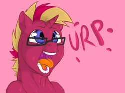 Size: 1066x792 | Tagged: safe, artist:chubbyjam, oc, oc only, oc:strawberry, burp, male, maw, mouth, solo, tongue out