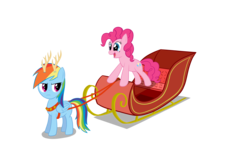 Size: 7680x4620 | Tagged: safe, artist:techrainbow, pinkie pie, rainbow dash, earth pony, pegasus, pony, reindeer, g4, absurd resolution, duo, duo female, female, mare, simple background, sleigh, transparent background