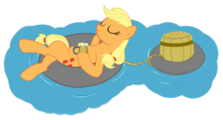 Size: 4078x2196 | Tagged: safe, artist:techrainbow, applejack, earth pony, pony, g4, barrel, cider, eyes closed, female, floaty, mare, on back, simple background, solo, transparent background, water