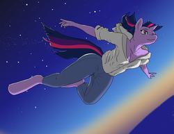 Size: 3300x2550 | Tagged: safe, artist:threewontoo, twilight sparkle, unicorn, anthro, unguligrade anthro, g4, breasts, cleavage, falling, female, high res, solo, space