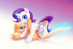 Size: 2760x1864 | Tagged: safe, artist:apricolor, applejack, rarity, earth pony, pony, unicorn, g4, blushing, butt, censored vulva, cute, dock, dressup, female, filly, filly applejack, filly rarity, freckles, lesbian, looking back, magic, on back, on top, open mouth, plot, ribbon, ship:rarijack, shipping, smiling, strategically covered, tail pull, telekinesis, younger