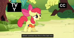 Size: 1600x830 | Tagged: safe, screencap, apple bloom, g4, leap of faith, contract, female, meme, solo, youtube caption