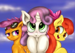 Size: 2893x2039 | Tagged: safe, artist:rameslack, apple bloom, scootaloo, sweetie belle, earth pony, pegasus, pony, unicorn, g4, blushing, cutie mark crusaders, female, filly, foal, high res, trio
