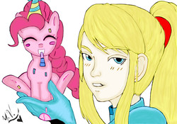 Size: 1045x730 | Tagged: safe, artist:yuna500, pinkie pie, human, pony, g4, confetti, crossover, duo, hat, holding a pony, metroid, party hat, party horn, samus aran