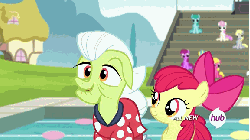 Size: 576x324 | Tagged: safe, screencap, apple bloom, berry punch, berryshine, cherry berry, derpy hooves, flam, flim, granny smith, lemon hearts, spring melody, sprinkle medley, twinkleshine, earth pony, pegasus, pony, unicorn, g4, leap of faith, animated, camera, camera flashes, female, filly, flim flam miracle curative tonic, foal, gif, hub logo, hubble, male, mare, smiling, stallion, the hub, tonic