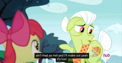 Size: 1600x830 | Tagged: safe, screencap, apple bloom, granny smith, g4, leap of faith, hub logo, meme, youtube caption