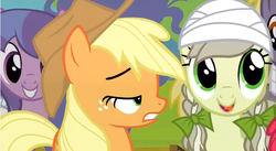 Size: 641x351 | Tagged: safe, screencap, applejack, grapescruff, jinx, velvet light, earth pony, pony, g4, leap of faith, bad quality, bandage, bandaged head, bow, female, hair bow, injured, mare, mid-blink screencap, pigtails