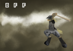 Size: 2400x1689 | Tagged: safe, artist:needthistool, applejack, earth pony, pony, semi-anthro, g4, applebat, baseball, baseball bat, baseball cap, cap, female, hat, mare, mashup, off, ponified, solo, the batter, video game