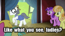 Size: 576x324 | Tagged: safe, edit, edited screencap, screencap, amethyst star, cherry berry, junebug, silver shill, sparkler, sunshower raindrops, pony, g4, leap of faith, butt, caption, female, mare, out of context, plot