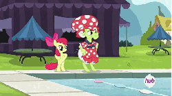 Size: 576x324 | Tagged: safe, screencap, apple bloom, granny smith, earth pony, pony, g4, leap of faith, adorabloom, animated, bipedal, cute, duo, duo female, female, hooves on hips, hub logo, hubble, squatting, stretching, swimming pool, the hub, training