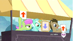 Size: 480x270 | Tagged: safe, edit, screencap, doctor whooves, lyra heartstrings, merry may, time turner, earth pony, pony, unicorn, g4, leap of faith, animated, downvote, female, hub logo, lyra's score, male, mare, reddit, score, stallion, upvote