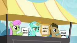 Size: 1023x572 | Tagged: safe, doctor whooves, lyra heartstrings, merry may, time turner, g4, leap of faith, my little pony: friendship is magic, best pony, exploitable meme, lyra's score, meme, worst pony