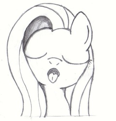 Size: 700x731 | Tagged: safe, artist:an-tonio, derpibooru exclusive, fluttershy, g4, esophagus, eyes closed, female, mawshot, monochrome, open mouth, oral invitation, solo, tongue out